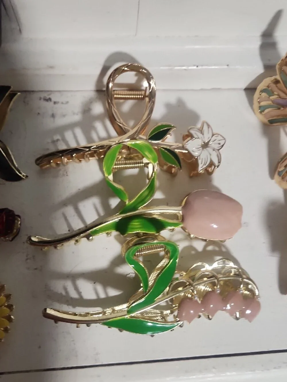 8 Gold Floral and Butterfly Hair Clip Set with Pink, Green, Yellow Accents